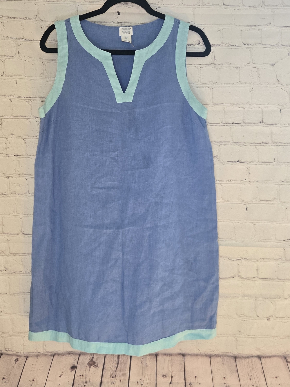 Sigrid Olsen 100% Linen Coastal Mini Shift Dress Blue Teal Trim Preppy Nautical